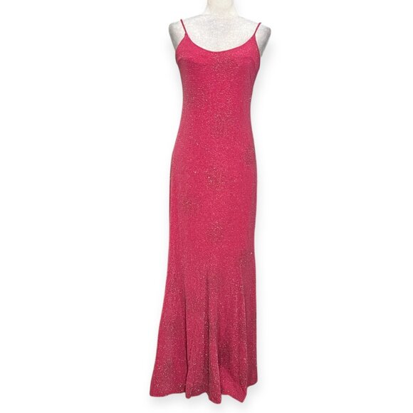 Vintage Rebecca USA Pink Glitter Maxi Evening Gown M – 90s Sparkle Spaghetti - Picture 2 of 11